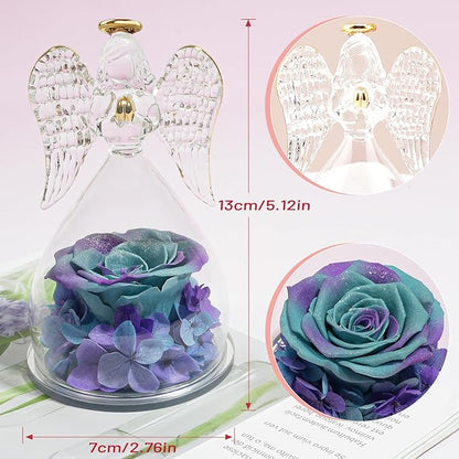 Miofula Angel Rose Birthday Gifts for Mom, Preserved Flower Rose in Glass Angel Figurines, Forever Real Rose Gift for Women Mom Grandma, Angel Gifts for Her Wife on Valentines Anniversary Mother's Day