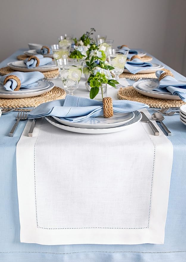 Solino Home Linen White Table Runner 132 Inches Long - 100% Pure Linen Extra Long Table Runner 14 x 132 Inch for Fall, Autumn, Holiday, Christmas, New Year - Classic Hemstitch