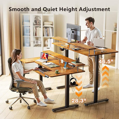 OffiGo U Shaped Electric Standing Desk with Keyboard Tray, 55 Inch Height Adjustable Desk with Power Outlets & LED Lights, Sit Stand Table with Monitor Stand for Home, Office, Rustic Brown