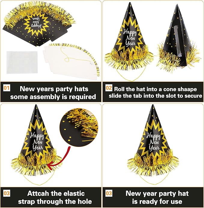 60 Pcs Happy New Year Hats Paper Cone Hat with Gold Foil Tassel New Year Eve Party Decoration for New Years Countdown Party Favors, 3 Colors