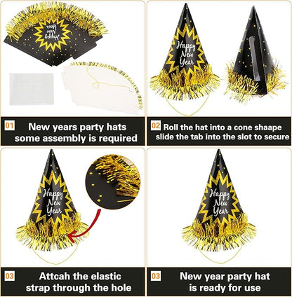 60 Pcs Happy New Year Hats Paper Cone Hat with Gold Foil Tassel New Year Eve Party Decoration for New Years Countdown Party Favors, 3 Colors