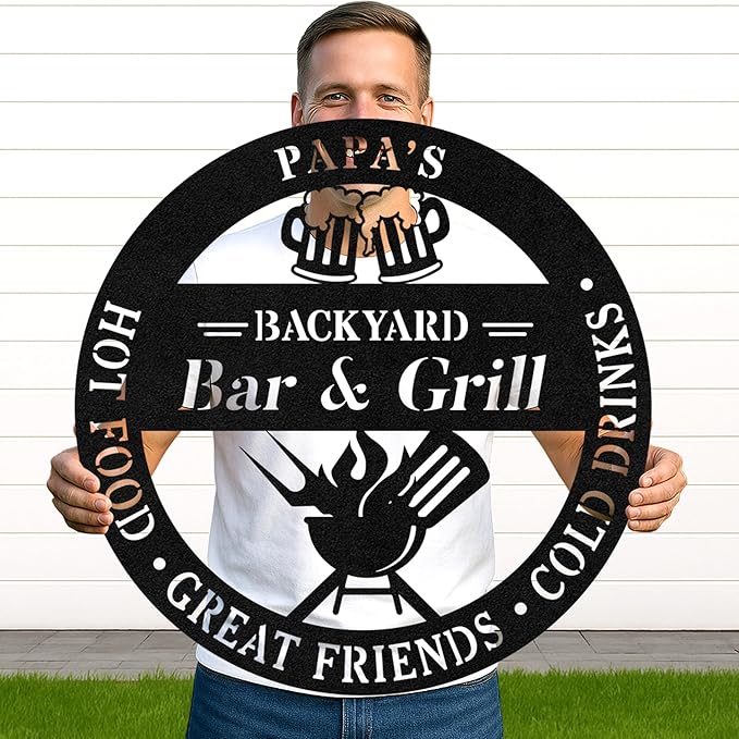 Outdoor Kitchen BBQ Metal Sign, Personalized Name Grill Cut Sign for Patio Wall Decor, Rustic Backyard Barbecue Art