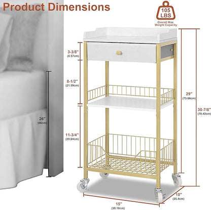 Small Tall Side Table with Storage Basket, High End Table with Drawer, 4-Tier Bathroom Storage Shelves with Optional Wheels, Nightstand for Dorm, Living Room, Bedroom, Gold & White