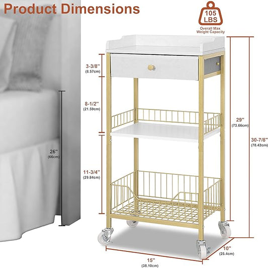 Small Tall Side Table with Storage Basket, High End Table with Drawer, 4-Tier Bathroom Storage Shelves with Optional Wheels, Nightstand for Dorm, Living Room, Bedroom, Gold & White