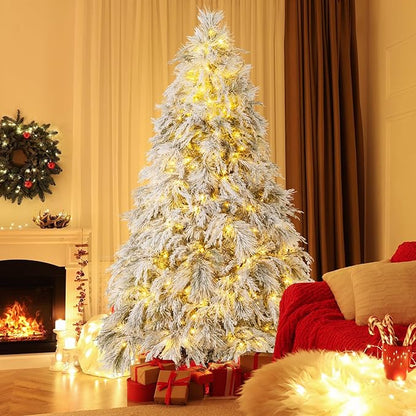 GOFLAME 7ft Pre-Lit Christmas Tree Snow Flocked, Hinged Artificial Xmas Tree with 743 Branch Tips, 320 Warm White LED Lights, Willow Leaves, Holiday Decoration Tree for Home Office Party