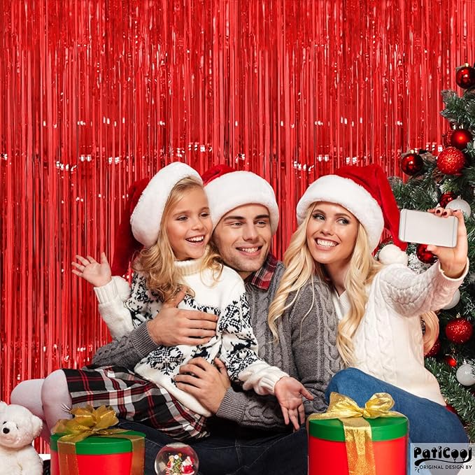 Christmas Decorations Thicken Red Streamers 2 Pack 3.2 x 8.2 FT, Red Birthday Decrorations Tinsel Backdrop Curtains, Foil Fringe Photo Backdrop for Casino, Carnival, Cherry Party Decorations