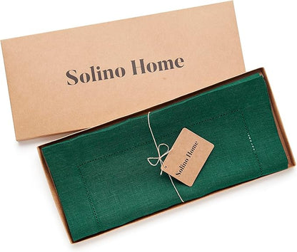 Solino Home Linen Rainforest Green Table Runner 144 Inches Long - 100% Pure Linen Extra Long Table Runner 14 x 144 Inch for Fall, Autumn, Thanksgiving, Christmas, Winter - Classic Hemstitch