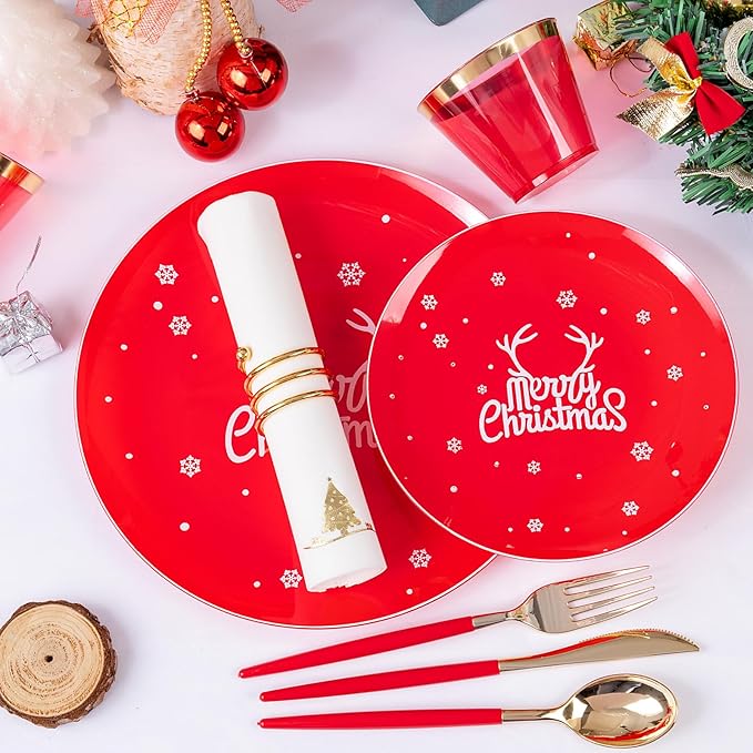 Nervure 175PCS Christmas Plastic Plates - Red and White Disposable Plates & Gold Plastic Silverware with Red Handle include 50 Plates 25Knives 25Forks 25Spoons 25Napkins for Christmas Party