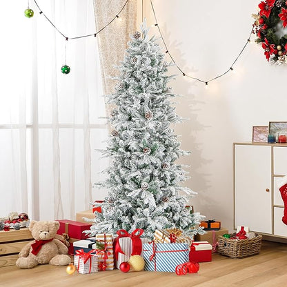 GOFLAME 6FT Pre-Lit Christmas Tree Snow Flocked, Hinged Artificial Xmas Tree with 715 Branch Tips, 36 Natural Pine Cones & 210 Warm White Incandescent Lights, Holiday Decoration Tree for Home Office