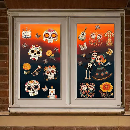 Dia de Los Muertos Decorations, Day of The Dead Window Clings, Halloween Window Stickers, Mexican Fiesta Party Decor, Sugar Skull Skeleton Musical Decals, 9 Sheets