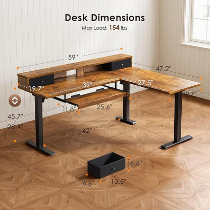 OffiGo 59 Inch L Shaped Electric Standing Desk with Drawers, Height Adjustable Corner Computer Desk with Keyboard Tray & Monitor Stand, Stand Up Table for Home Office Workstation, Rustic Brown