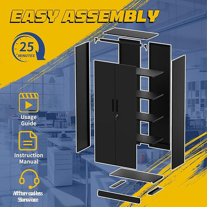 Metal Storage Cabinet with Adjustable Shelves, 72" Steel Garage Storage Cabinets with Lock and 2 Door, Locking Tool Cabinet Utility Cabinets for Garage, Kitchen, Home Office, School, Shop
