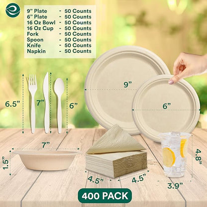 ECO SOUL 400 Pcs Compostable Dinnerware Set For 50 Guests, 50 Pcs Each Of Eco-Friendly Disposable Paper Plates Of 9"" & 6"", Cutlery, Napkins, 16 oz Bowls & 16 oz Cups For Party, Picnic & Gathering