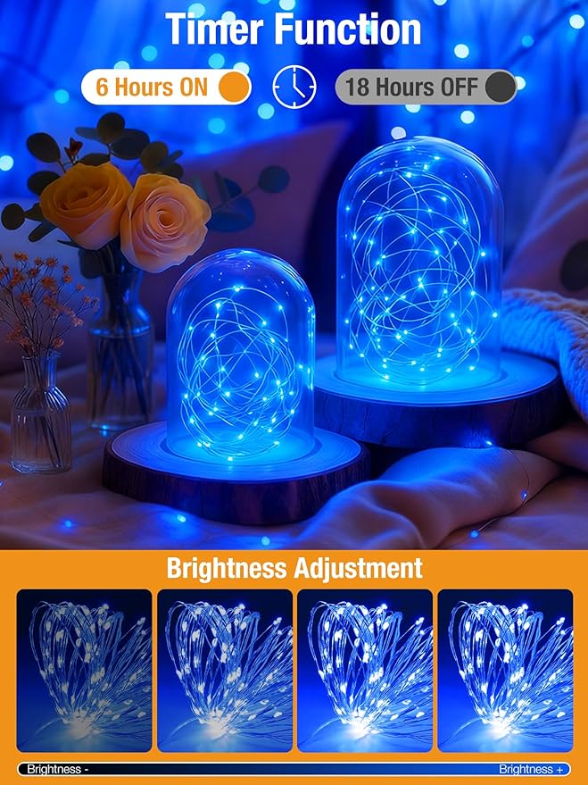 btfarm 4 Pack Fairy Lights Battery Operated with Timer, 16.4 FT 50 LED Silver Wire Twinkle String Lights 8 Modes Dimmable Waterproof for Indoor Christmas Bedroom Wedding Decorations, Blue