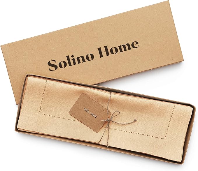 Solino Home Linen Placemats Set of 4 - Classic Hemstitch Beige Placemats 14 x 19 Inch - 100% Pure Linen Table Mats for Fall, Autumn, Christmas, New Year