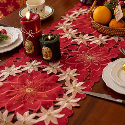 Joyfol Day Christmas Embroidered Table Runner 14 x 86 Inch, Cutwork Red Gold Poinsettia Table Runners, Winter Holiday Flowers Table Linens for Xmas Party Decorations