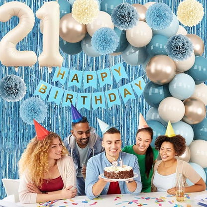 Dusty Blue 21st Birthday Decorations for Him Her Beige Cream Number 21 Balloon Blue Gold Happy Birthday Banner Fringe Curtain Paper Pom Poms Nude White Sand Champagne Star Foil Balloons Party Decor