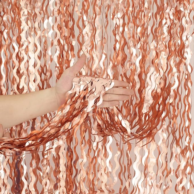 4 Pack Rose Gold Birthday Decorations - 3.3x6.6ft Wavy Tinsel Foil Party Streamer Party Supplies Background