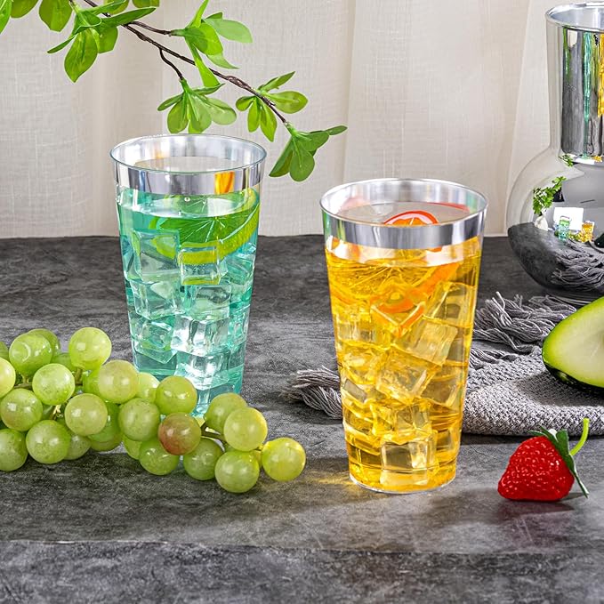 I00000 16 oz Silver Plastic Cups, 100 Pack Clear Plastic Cups,Silver Rimmed Disposable Cup, Heavy-duty Disposable Tumblers Perfect for Party, Holiday, Wedding & Birthday