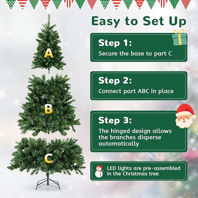 GOLFAME 7FT Pre-Lit Artificial Christmas Tree, Decorative Hinged Xmas Tree with 700 LED Lights, 1188 Branch Tips, Upgraded Metal Stand, Christmas Holiday Tree for Home Office Party