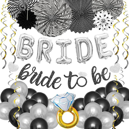 Black Silver Party Decorations - Bridal Shower Decorations Set Bachelorette Party Supplies with Bride to Be Banner,Bride Foil Balloon,Diamond Ring Foil Balloon,Paper Fan Hanging Swirl