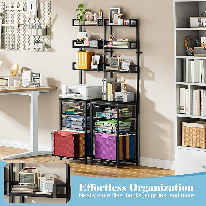 3-Drawer File Cabinet with 3 Shelves, 61" Tall Vertical Filing Cabinet for Home Office, Metal Mesh Drawers with Small Printer Stand, Fit for Letter Files, Black