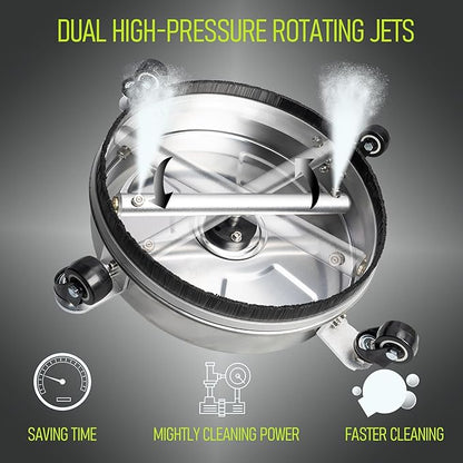 Hourleey 14" Pressure Washer Surface Cleaner, Stainless Steel Surface Cleaner with 4 Wheels for Concrete, Patio, Sidewalk, Deck, Pathway 1/4" Quick Connector, 2 Extension Wand, 4000 PSI