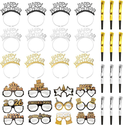 36Pcs 2026 New Year Eve Party Supplies,Happy Next Year Headband Tiara,News Year Eyeglasses Prop,Fringed Noise Makers for 2026 New Years Party Favors
