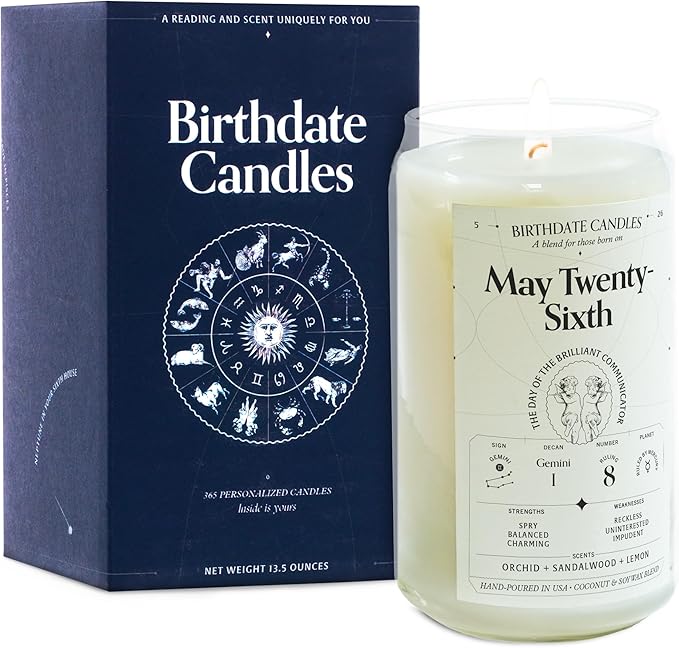 Birthdate Candles, May 26 - Gemini Zodiac Scented Candles Birthday Gift - Orchid, Sandalwood & Lemon Scent - All-Natural Soy & Coconut Wax, 60-80 Hour Burn Time - Made in USA
