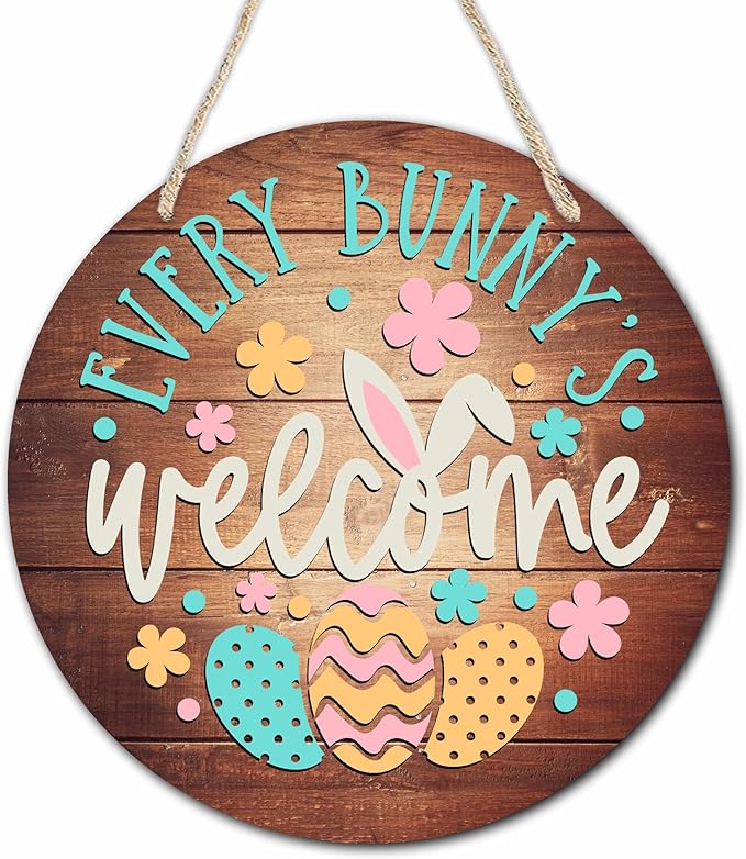 10" Easter Round Wooden Hanging Sign With Sisal Rope - Every Bunny Welcome Wooden Plaque For Front Door, Porch, Outdoor Indoor, Farmhouse Wall Decor Party Favor & Decorations - B06