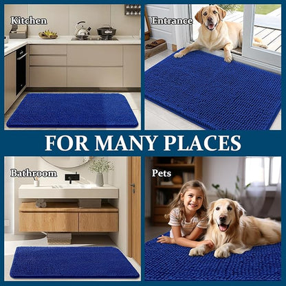 OLANLY Dog Door Mat for Muddy Paws 47x24, Absorbs Moisture and Dirt, Absorbent Non-Slip Washable Doormat, Quick Dry Chenille Mud Mat for Dogs, Entry Indoor Entryway Carpet for Inside Floor, Royal Blue