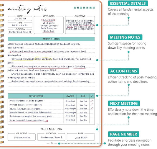 Taja Meeting Notebook for Work Organization - Work notebook with action items, Meeting Minutes Planner Notebook, Perfect Office Supplies for Men & Women - Coral
