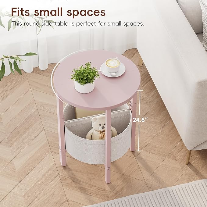 Vagusicc Small Round Side Table, Accent End Table with Storage Basket, Set of 2 Half Round Coffee Table End Table, Half Moon Bedside Table, Modern Nightstand Couch Table for Living Room Bedroom, Pink