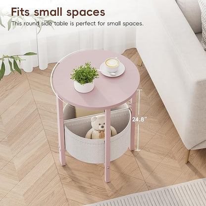 Vagusicc Small Round Side Table, Accent End Table with Storage Basket, Set of 2 Half Round Coffee Table End Table, Half Moon Bedside Table, Modern Nightstand Couch Table for Living Room Bedroom, Pink