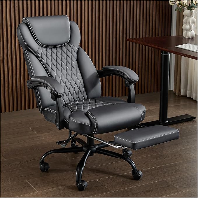 Office Chair, Big and Tall Office Chair with Foot Rest Ergonomic Chair Home Office Desk Chairs Reclining High Back Leather Chair with Lumbar Support(Gray)