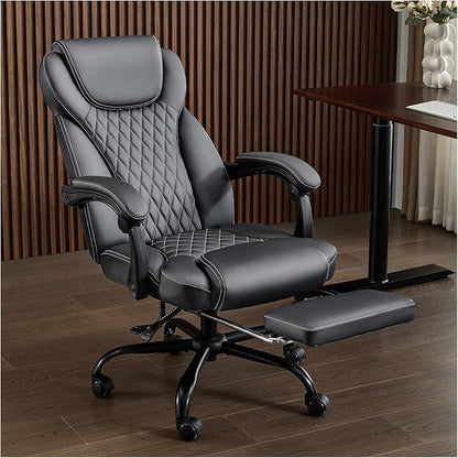 Office Chair, Big and Tall Office Chair with Foot Rest Ergonomic Chair Home Office Desk Chairs Reclining High Back Leather Chair with Lumbar Support(Gray)