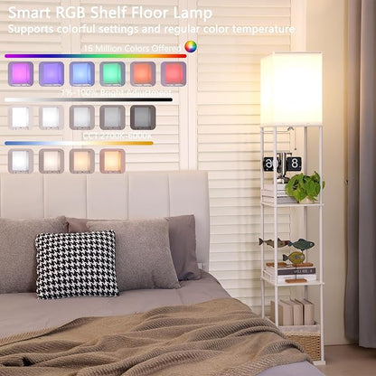 Floor Lamp with Shelves, with Modern Square Standing Lamp with Smart APP Control RGB Bulb, Corner Display Bookshelf Lamp for Living Room, Bedroom and Office (White-9RGB)
