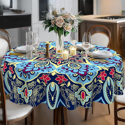 Eikione Round Tablecloth, Boho Tablecloth Waterproof and Wrinkle-Free, Boho Table Covers, Summer Decorations for Home 60inch