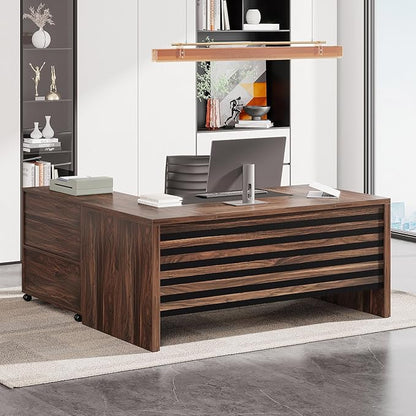 Tribesigns 62.2" Executive Desk with Mobile File Cabinet, L-Shaped Office Desk with Storage Shelves, Large Computer Table Business Workstation Set for Home Office, Dark Brown