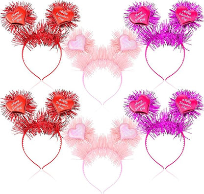 6 Pcs Valentine's Heart Headbands with Heart Boppers and Tinsel Headdresses Red Pink Happy Valentine Headdresses for Women Costume Party Gift Love