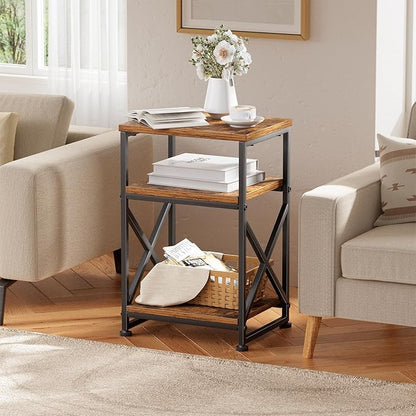 Simple Trending Side Table, End Table Living Room, Bedside Table for Sofa Couch, Nightstand with 3 Tiers Open Shelves, Rustic Brown