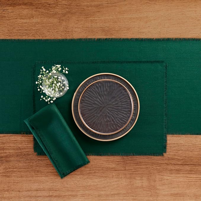 Solino Home Fringe Linen Placemats Set of 4 - Evergreen Placemats 14 x 19 Inch - 100% Pure Linen Table Mats for Fall, Autumn, Christmas, Winter, New Year - Handcrafted and Machine Washable