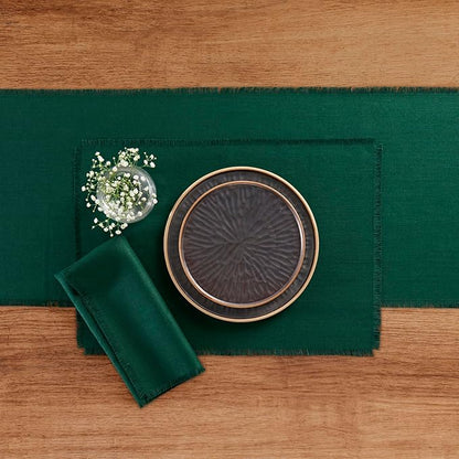 Solino Home Fringe Linen Placemats Set of 4 - Evergreen Placemats 14 x 19 Inch - 100% Pure Linen Table Mats for Fall, Autumn, Christmas, Winter, New Year - Handcrafted and Machine Washable