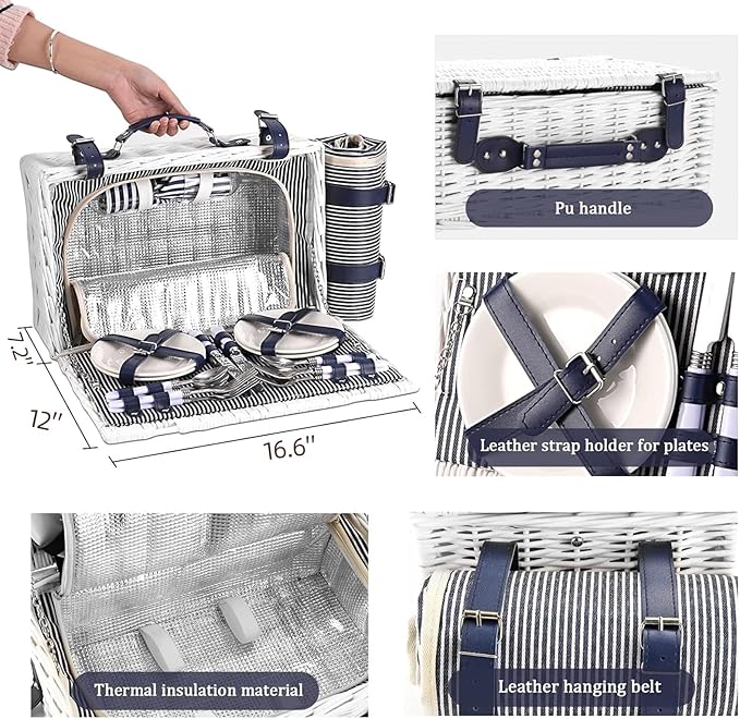 Picnic Basket for 4 Persons with Waterproof Picnic Blanket and Insulated Cooler, Large Wicker Picnic Basket for Camping, Outdoors, Valentine's Day, Christmas, Birthday, Wedding Gift