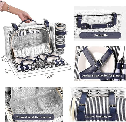 Picnic Basket for 4 Persons with Waterproof Picnic Blanket and Insulated Cooler, Large Wicker Picnic Basket for Camping, Outdoors, Valentine's Day, Christmas, Birthday, Wedding Gift