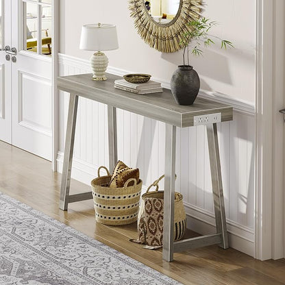 Huuger Entryway Console Table with Charging Station, USB-C Port, 47.2 Inch Sofa Table with Metal Legs, Entry Hallway Table with Thicker Desktop, Modern Behind Couch Table, Grey