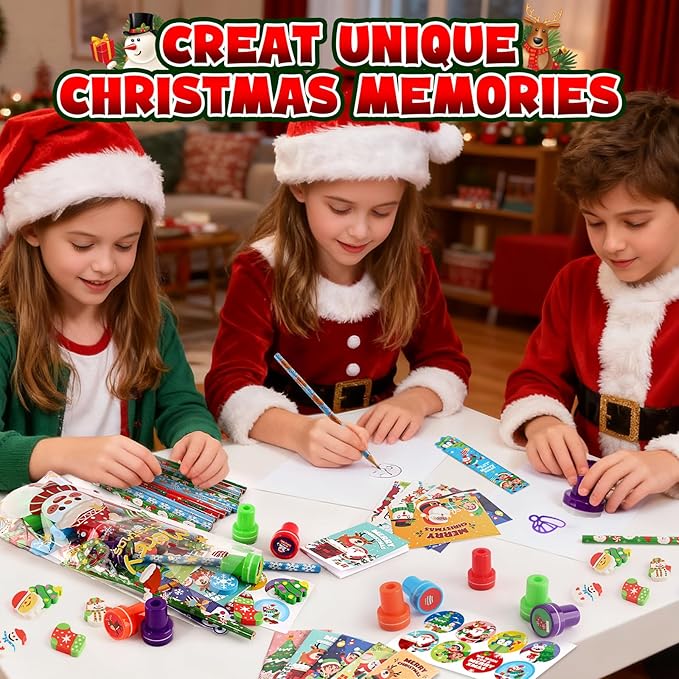 Shemira Classroom Gifts for Students, 192PCS Christmas' School Stationery Set, Christmas Party Favors, Assorted Goodie Bag Stocking Stuffers, Xmas Gifts Toys Reward Prizes for Kids