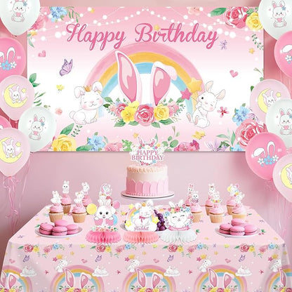Pink Bunny Birthday Party Decorations for Gilrs - Rabbit Party Supplies including Happy Birthday Backdrop, Spirals, Cake Toppers, Table Centerpieces, Balloons (BJ)