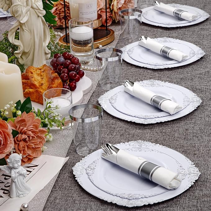 Hioasis 210pcs White and Silver Plastic Plates - Disposable Dinnerware Set Suitable for 30 Guests Include 10.25 Dinner & 7.5 Dessert Plates, Pre Rolled Silverware Set, Cups for Party & Wedding