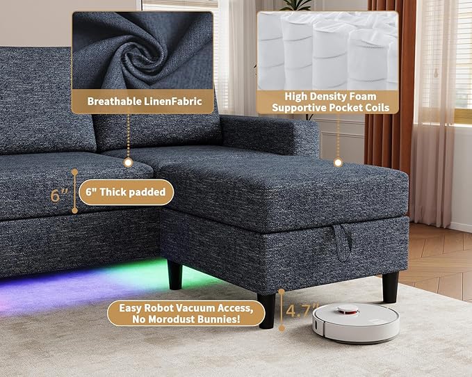 Smart Sectional Couches for Living Room, 4 Seat U/L Shaped Sectional Sofa with RGB Light/Charging, Modern Living Room Furniture for Apartments/Office/More (Blue)